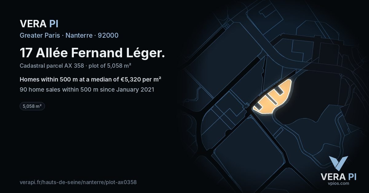 17 Allée Fernand Léger, Nanterre at night – the plot lit, the parcels around coloured by the prices near them