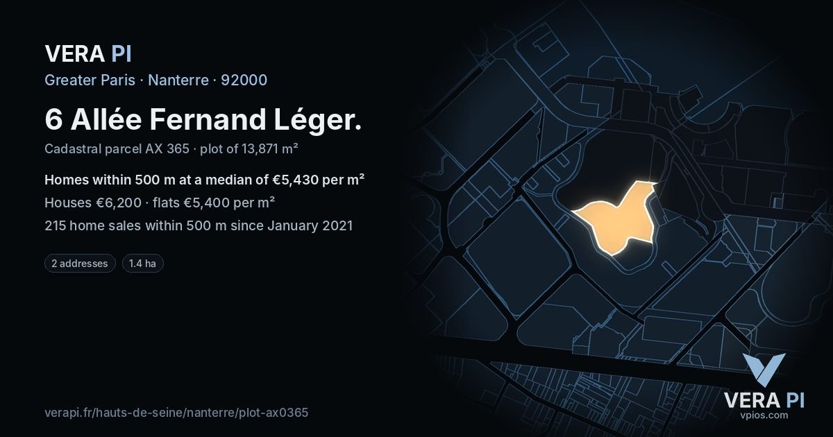 6 Allée Fernand Léger, Nanterre at night – the plot lit, the parcels around coloured by the prices near them