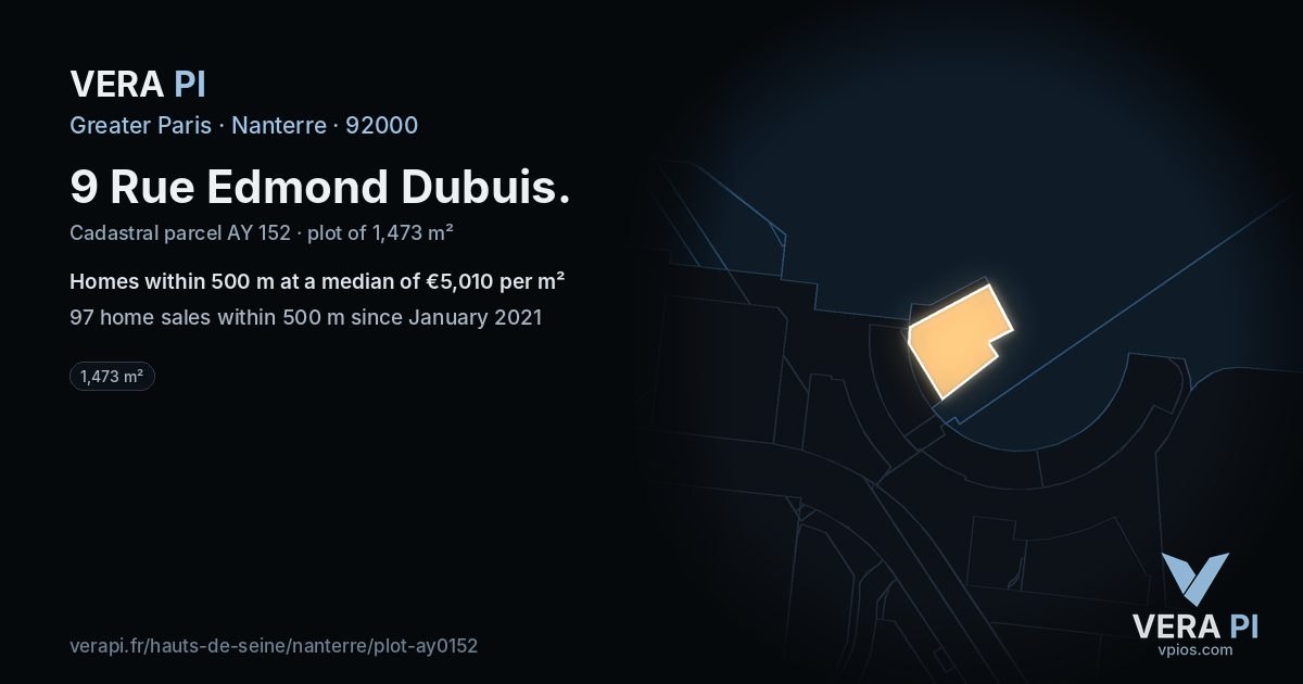 9 Rue Edmond Dubuis, Nanterre at night – the plot lit, the parcels around coloured by the prices near them