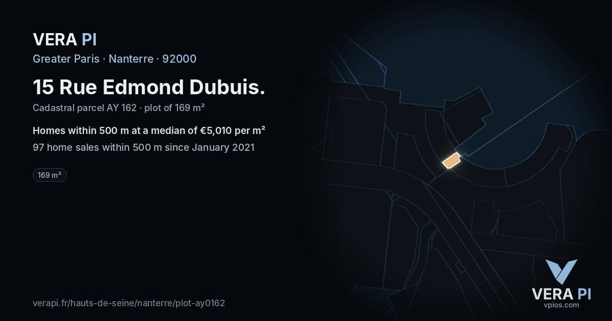 15 Rue Edmond Dubuis, Nanterre at night – the plot lit, the parcels around coloured by the prices near them