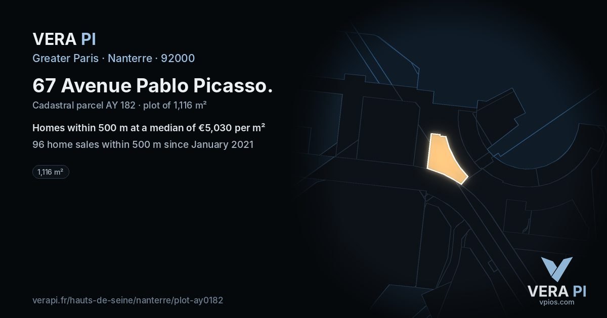 67 Avenue Pablo Picasso, Nanterre at night – the plot lit, the parcels around coloured by the prices near them