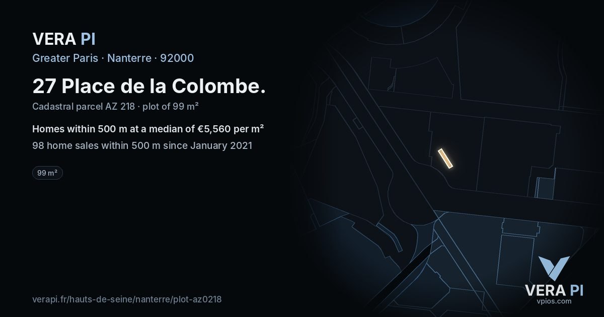 27 Place de la Colombe, Nanterre at night – the plot lit, the parcels around coloured by the prices near them