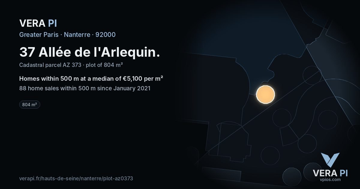 37 Allée de l'Arlequin, Nanterre at night – the plot lit, the parcels around coloured by the prices near them