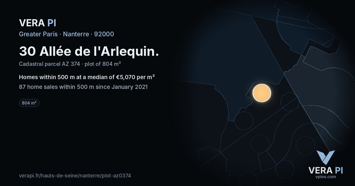 30 Allée de l'Arlequin, Nanterre at night – the plot lit, the parcels around coloured by the prices near them