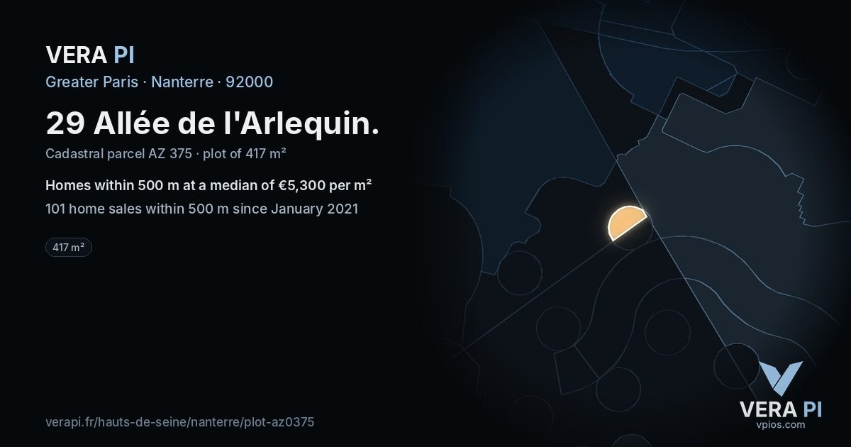 29 Allée de l'Arlequin, Nanterre at night – the plot lit, the parcels around coloured by the prices near them