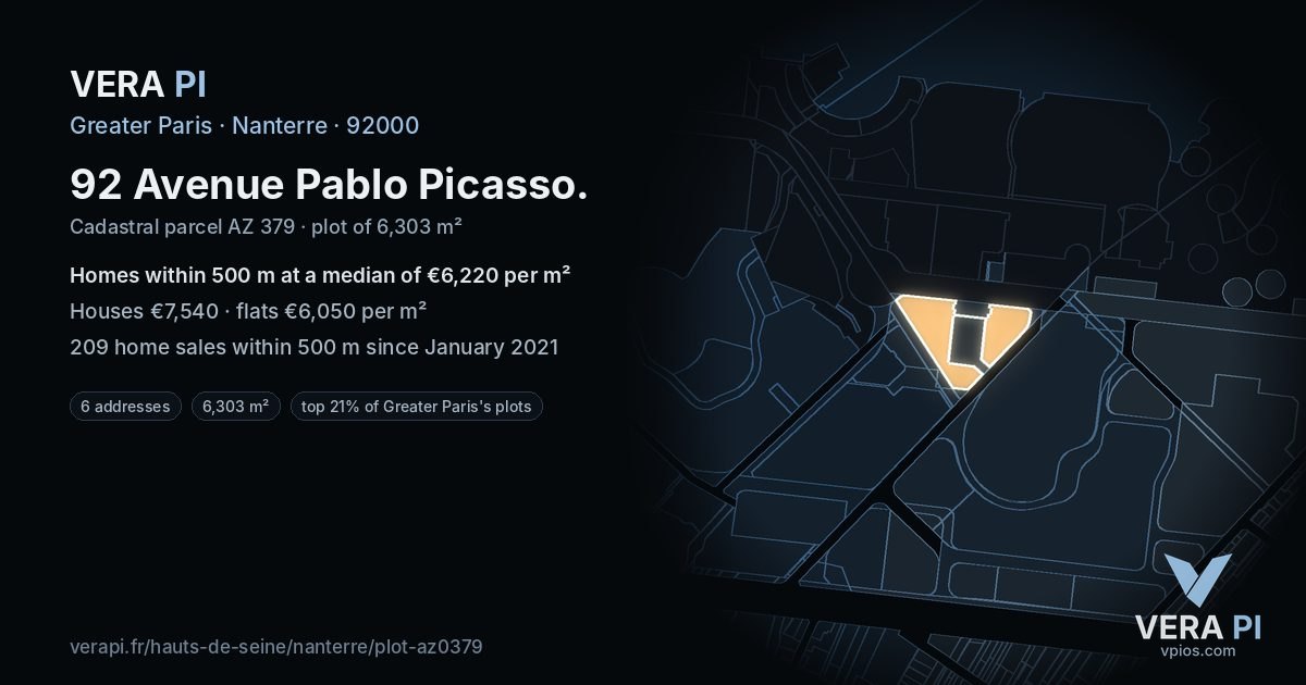 92 Avenue Pablo Picasso, Nanterre at night – the plot lit, the parcels around coloured by the prices near them