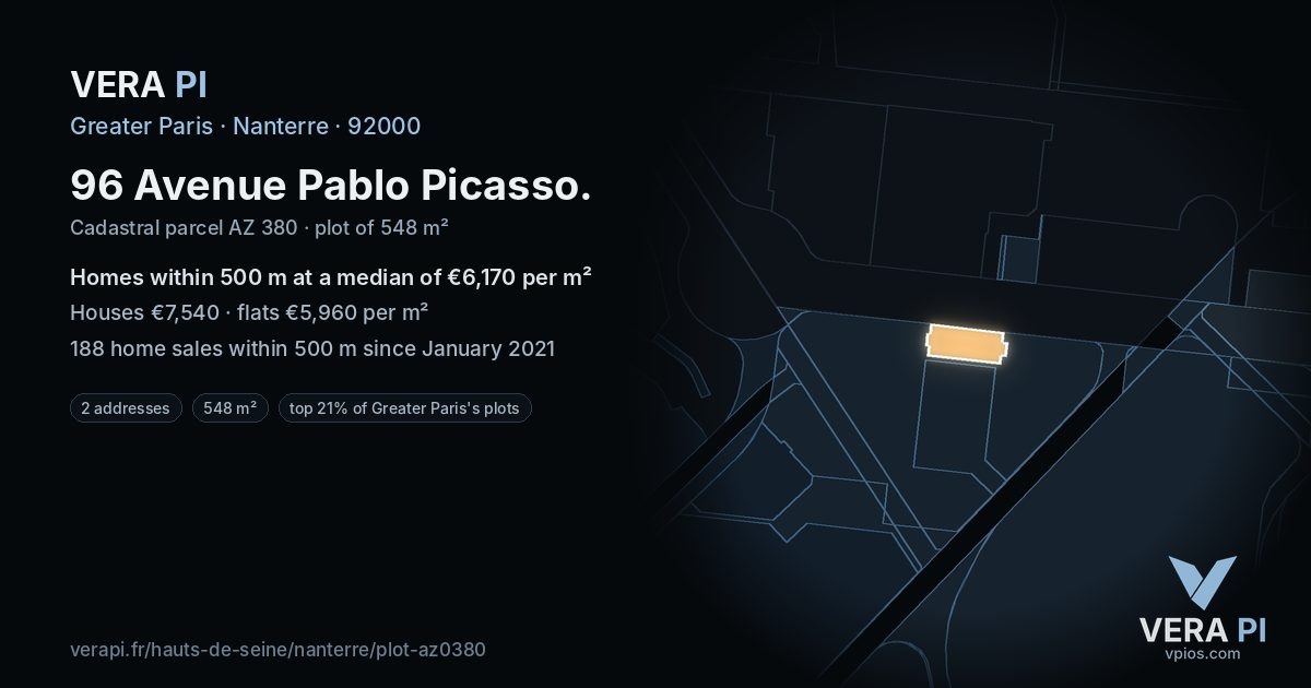 96 Avenue Pablo Picasso, Nanterre at night – the plot lit, the parcels around coloured by the prices near them
