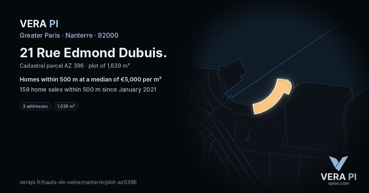 21 Rue Edmond Dubuis, Nanterre at night – the plot lit, the parcels around coloured by the prices near them