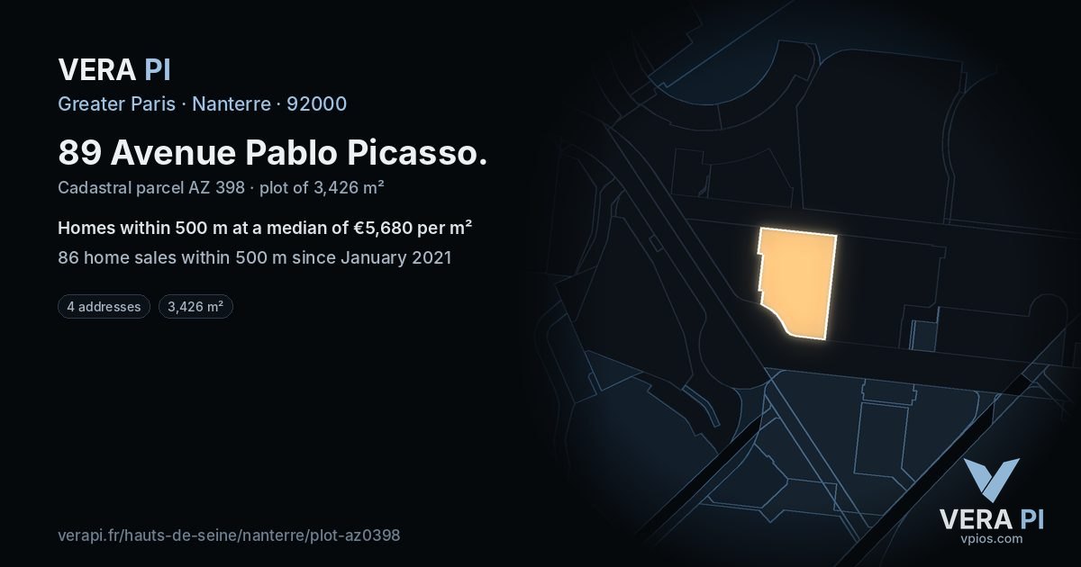 89 Avenue Pablo Picasso, Nanterre at night – the plot lit, the parcels around coloured by the prices near them
