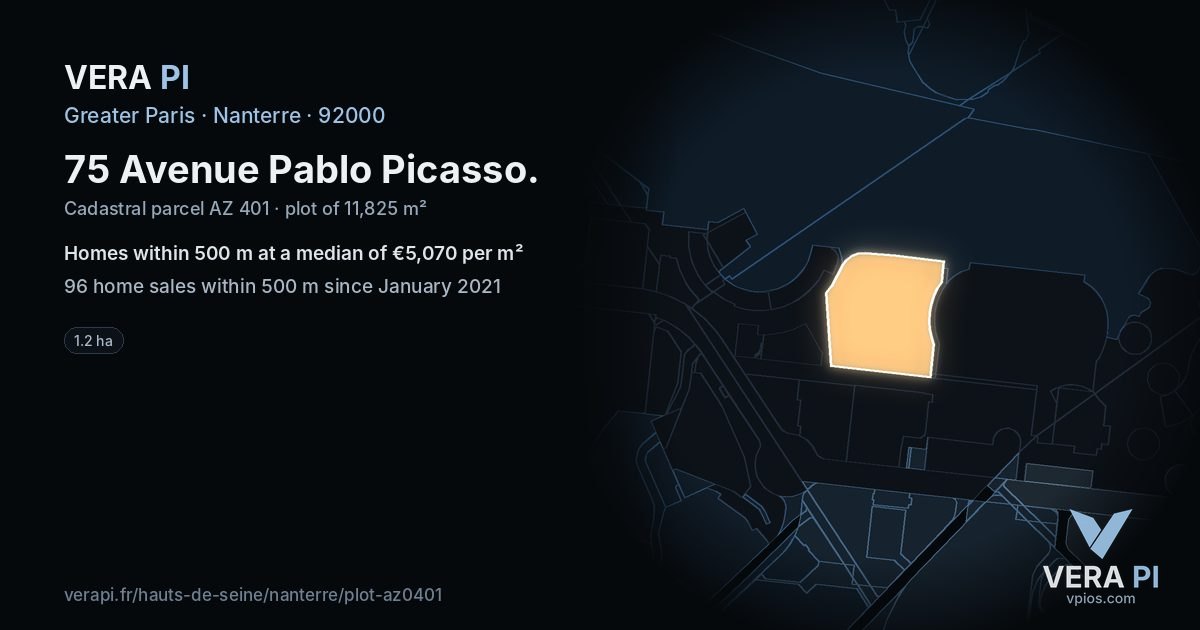 75 Avenue Pablo Picasso, Nanterre at night – the plot lit, the parcels around coloured by the prices near them