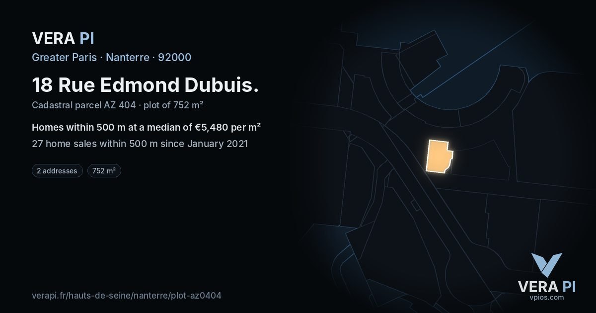 18 Rue Edmond Dubuis, Nanterre at night – the plot lit, the parcels around coloured by the prices near them