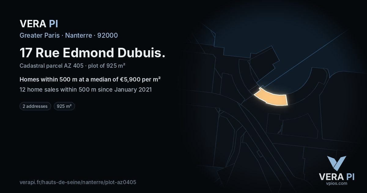 17 Rue Edmond Dubuis, Nanterre at night – the plot lit, the parcels around coloured by the prices near them