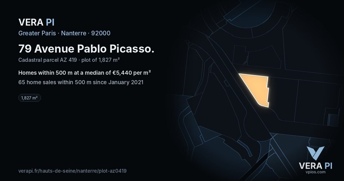 79 Avenue Pablo Picasso, Nanterre at night – the plot lit, the parcels around coloured by the prices near them