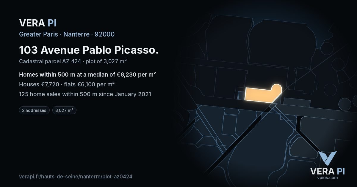 103 Avenue Pablo Picasso, Nanterre at night – the plot lit, the parcels around coloured by the prices near them