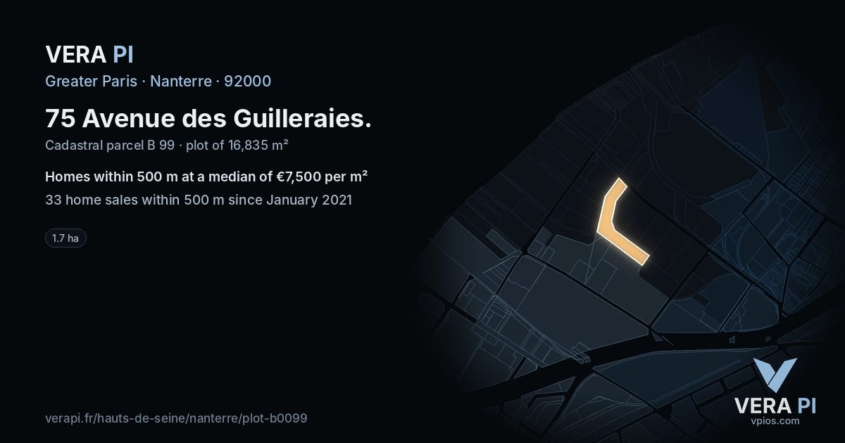 75 Avenue des Guilleraies, Nanterre at night – the plot lit, the parcels around coloured by the prices near them