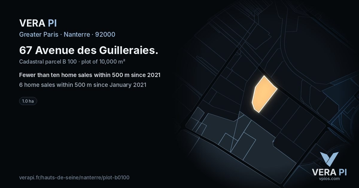 67 Avenue des Guilleraies, Nanterre at night – the plot lit, the parcels around coloured by the prices near them