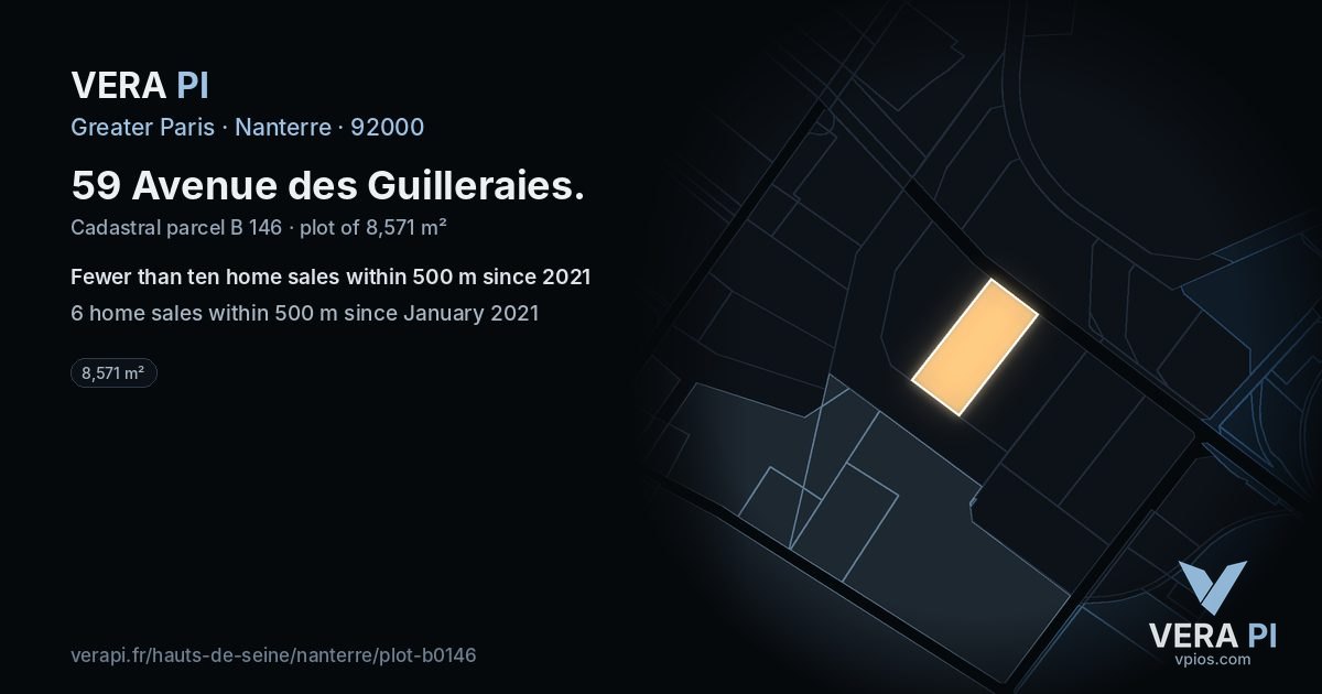 59 Avenue des Guilleraies, Nanterre at night – the plot lit, the parcels around coloured by the prices near them