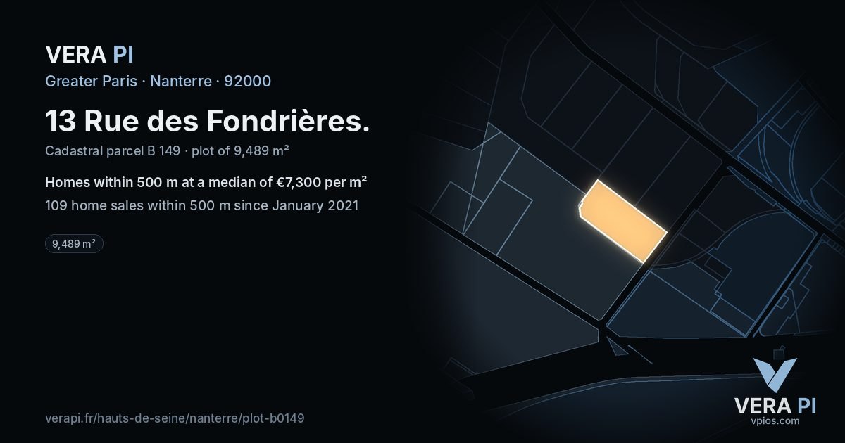 13 Rue des Fondrières, Nanterre at night – the plot lit, the parcels around coloured by the prices near them