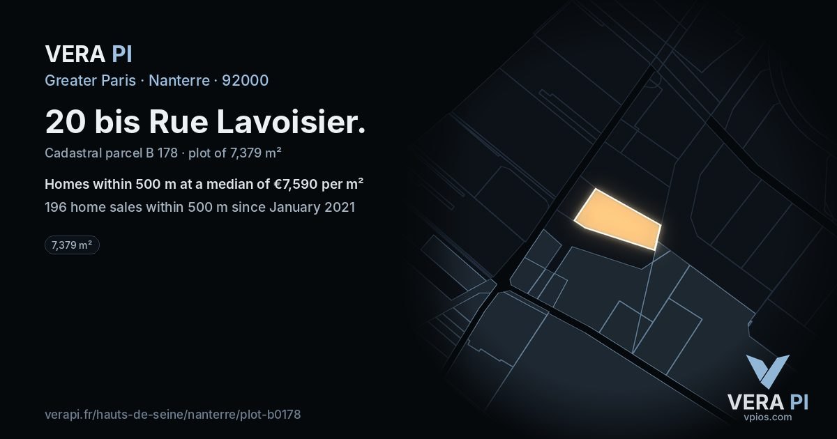 20 bis Rue Lavoisier, Nanterre at night – the plot lit, the parcels around coloured by the prices near them