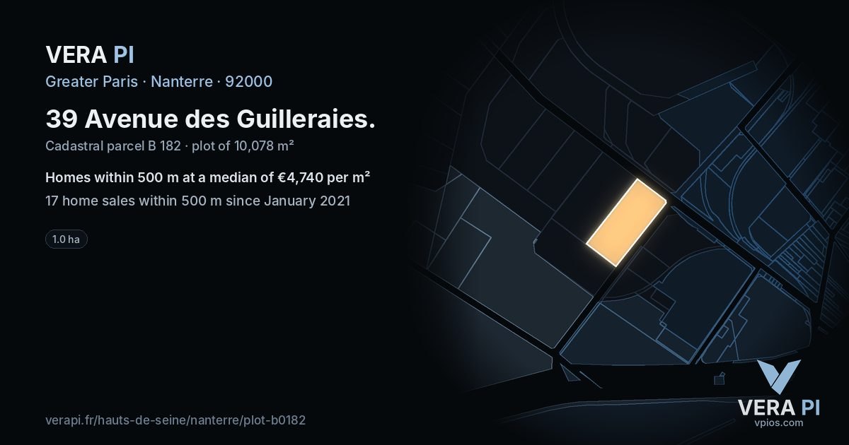 39 Avenue des Guilleraies, Nanterre at night – the plot lit, the parcels around coloured by the prices near them