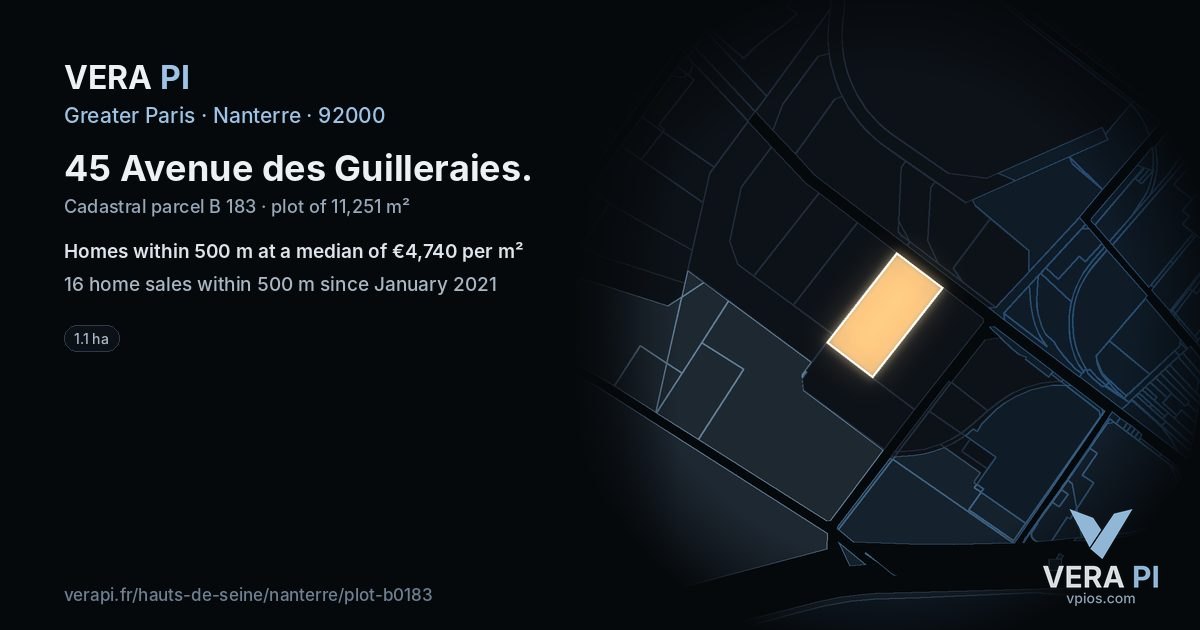 45 Avenue des Guilleraies, Nanterre at night – the plot lit, the parcels around coloured by the prices near them