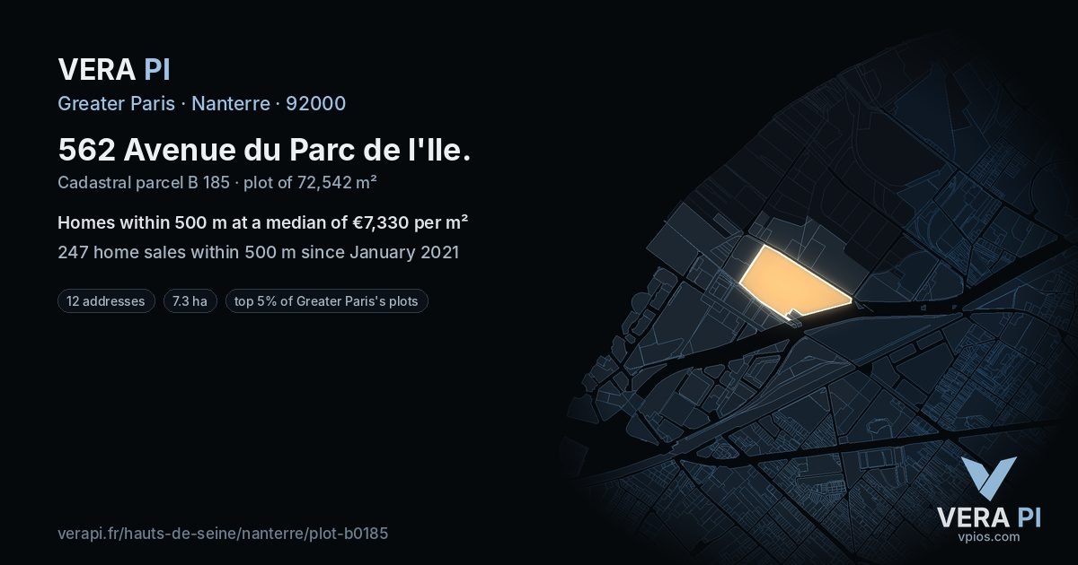 562 Avenue du Parc de l'Ile, Nanterre at night – the plot lit, the parcels around coloured by the prices near them