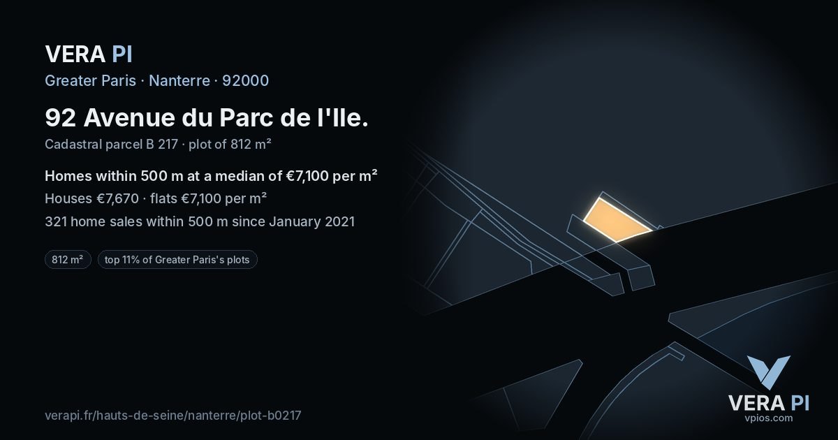 92 Avenue du Parc de l'Ile, Nanterre at night – the plot lit, the parcels around coloured by the prices near them
