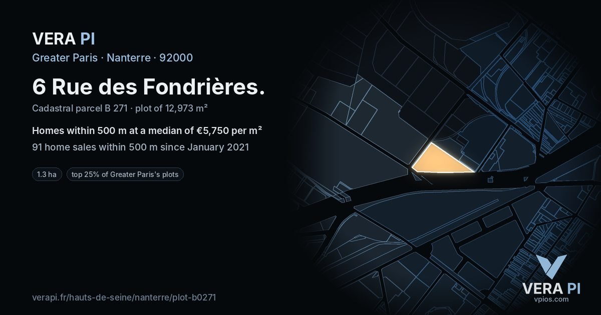 6 Rue des Fondrières, Nanterre at night – the plot lit, the parcels around coloured by the prices near them