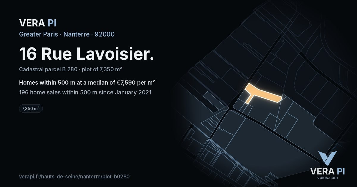 16 Rue Lavoisier, Nanterre at night – the plot lit, the parcels around coloured by the prices near them