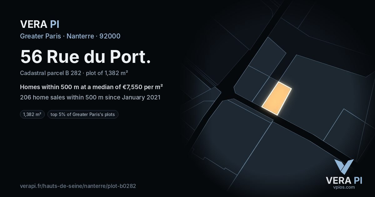 56 Rue du Port, Nanterre at night – the plot lit, the parcels around coloured by the prices near them
