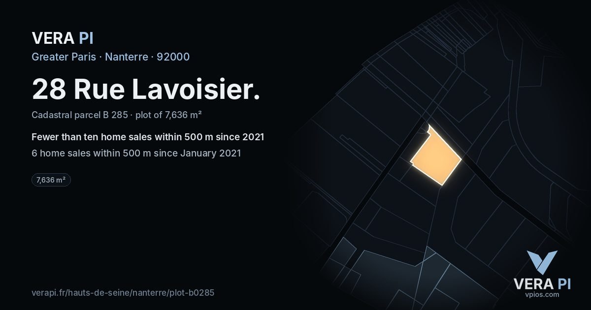 28 Rue Lavoisier, Nanterre at night – the plot lit, the parcels around coloured by the prices near them