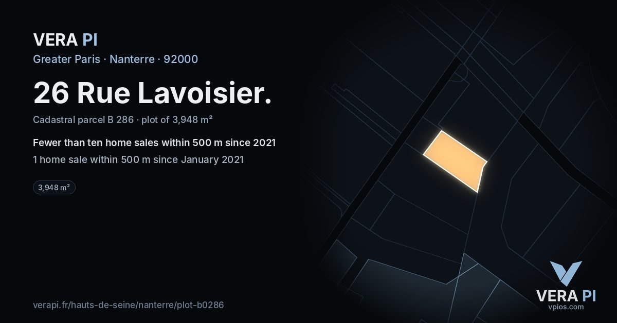 26 Rue Lavoisier, Nanterre at night – the plot lit, the parcels around coloured by the prices near them