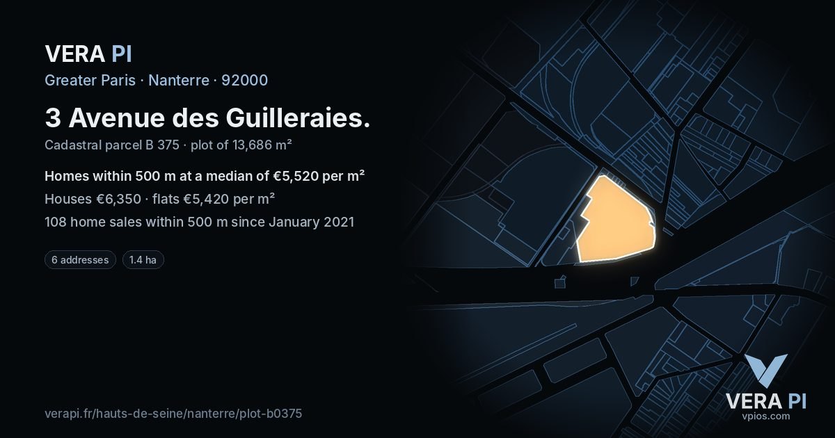 3 Avenue des Guilleraies, Nanterre at night – the plot lit, the parcels around coloured by the prices near them
