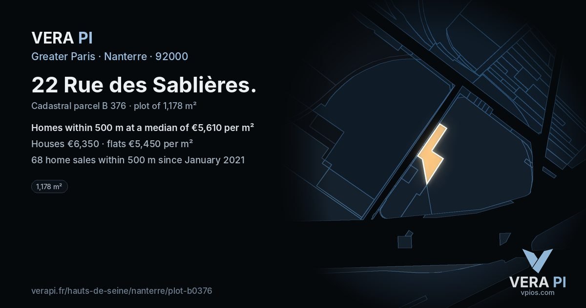 22 Rue des Sablières, Nanterre at night – the plot lit, the parcels around coloured by the prices near them