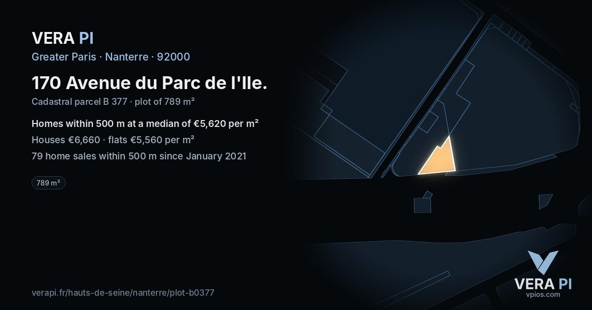 170 Avenue du Parc de l'Ile, Nanterre at night – the plot lit, the parcels around coloured by the prices near them