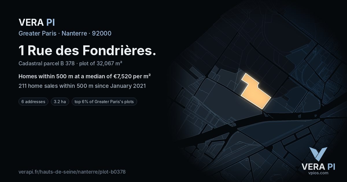 1 Rue des Fondrières, Nanterre at night – the plot lit, the parcels around coloured by the prices near them