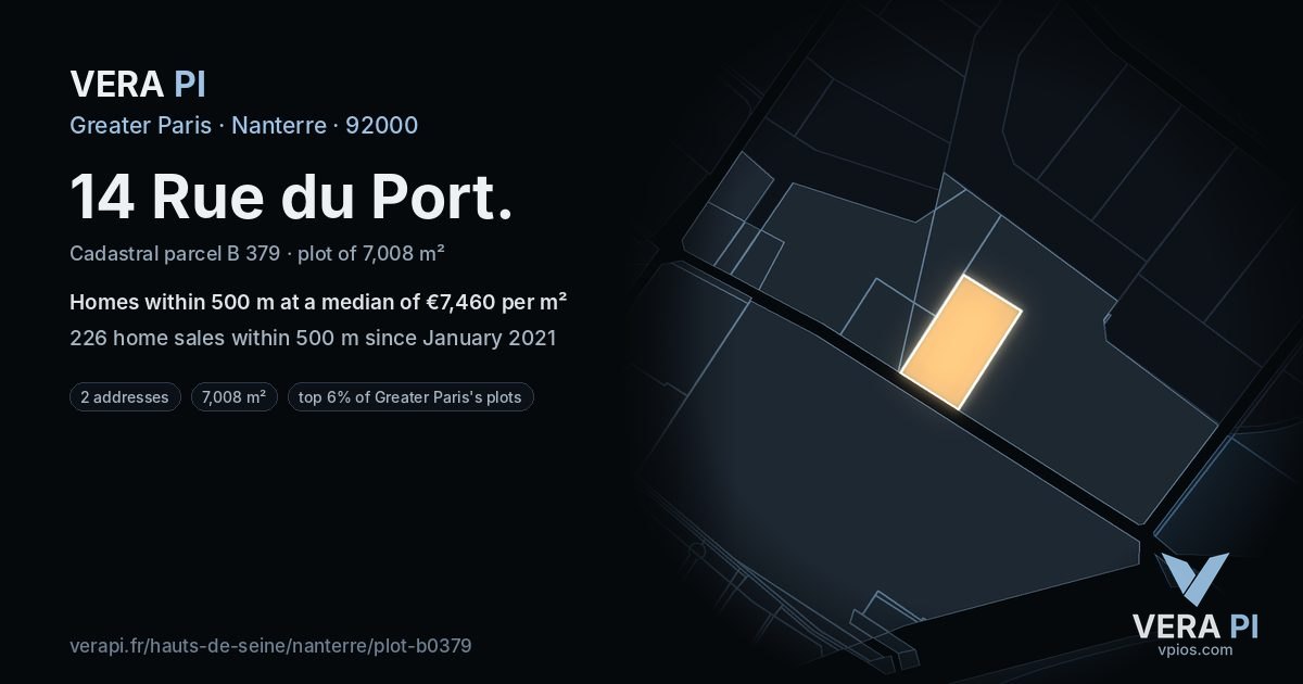 14 Rue du Port, Nanterre at night – the plot lit, the parcels around coloured by the prices near them