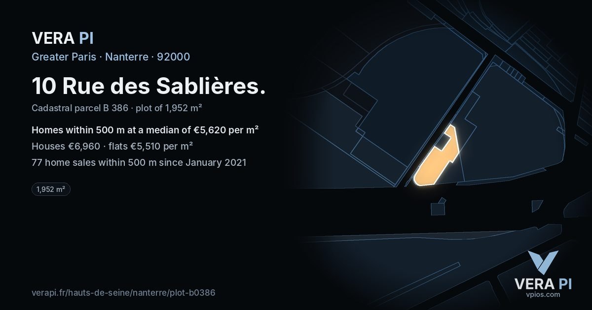 10 Rue des Sablières, Nanterre at night – the plot lit, the parcels around coloured by the prices near them