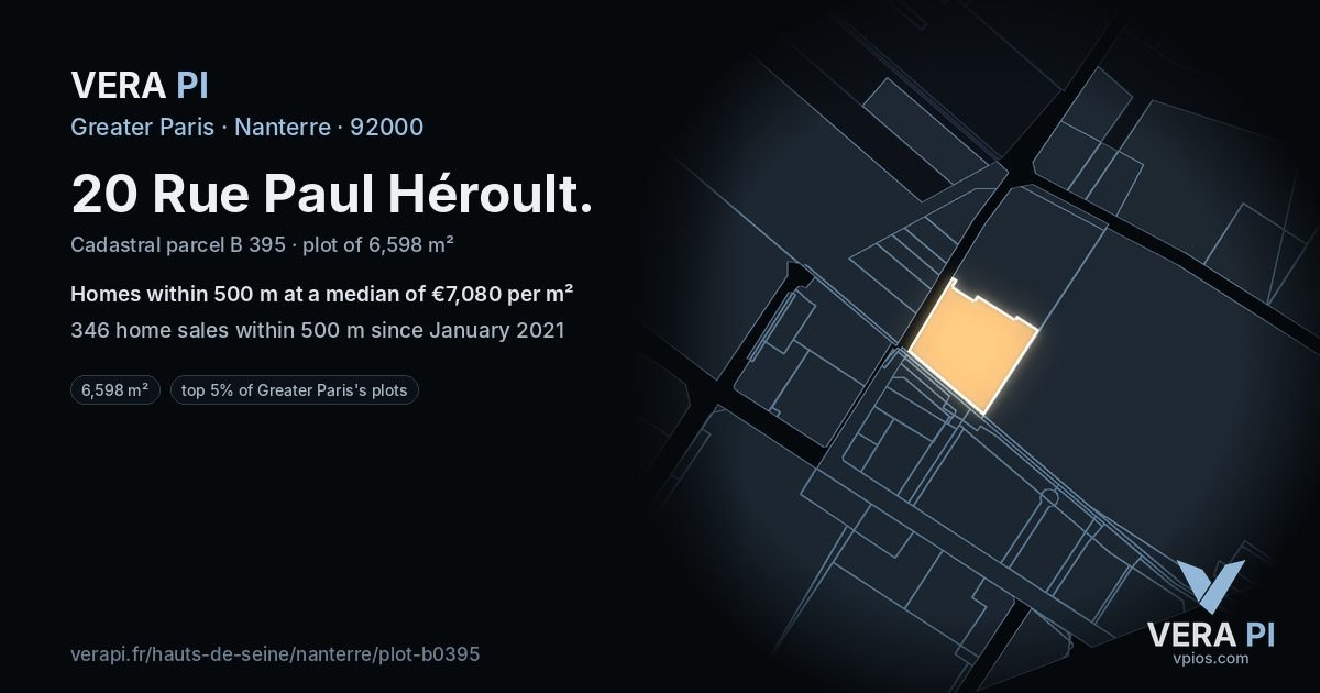 20 Rue Paul Héroult, Nanterre at night – the plot lit, the parcels around coloured by the prices near them