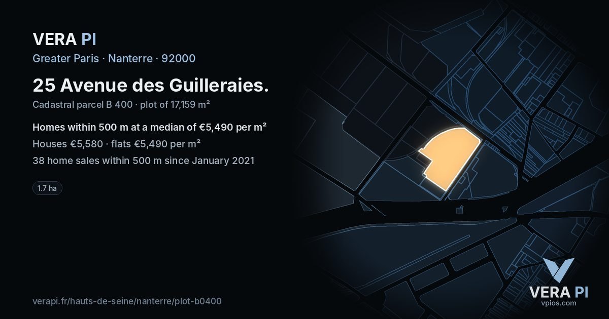 25 Avenue des Guilleraies, Nanterre at night – the plot lit, the parcels around coloured by the prices near them