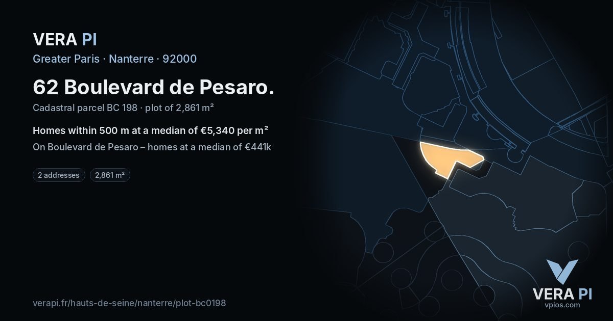 62 Boulevard de Pesaro, Nanterre at night – the plot lit, the parcels around coloured by the prices near them