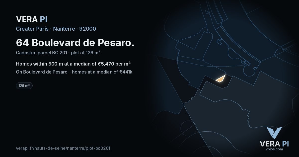 64 Boulevard de Pesaro, Nanterre at night – the plot lit, the parcels around coloured by the prices near them