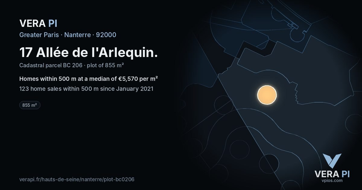17 Allée de l'Arlequin, Nanterre at night – the plot lit, the parcels around coloured by the prices near them