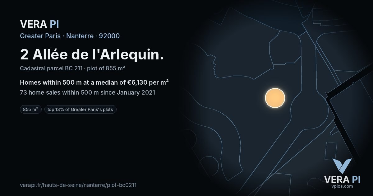 2 Allée de l'Arlequin, Nanterre at night – the plot lit, the parcels around coloured by the prices near them