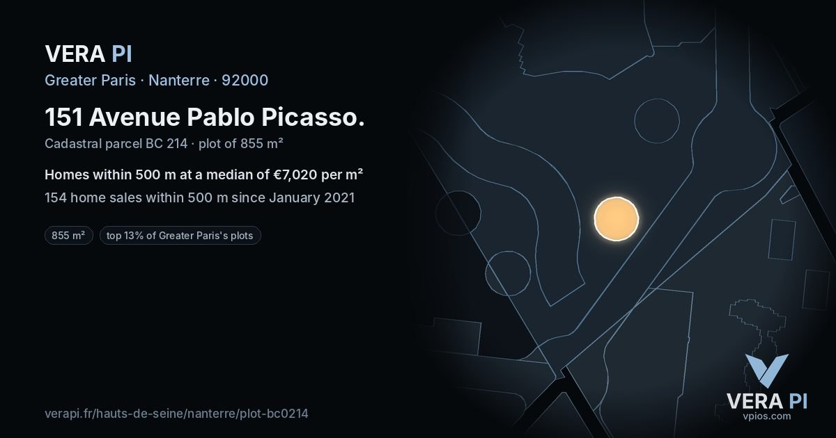 151 Avenue Pablo Picasso, Nanterre at night – the plot lit, the parcels around coloured by the prices near them
