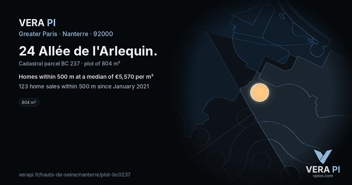 24 Allée de l'Arlequin, Nanterre at night – the plot lit, the parcels around coloured by the prices near them