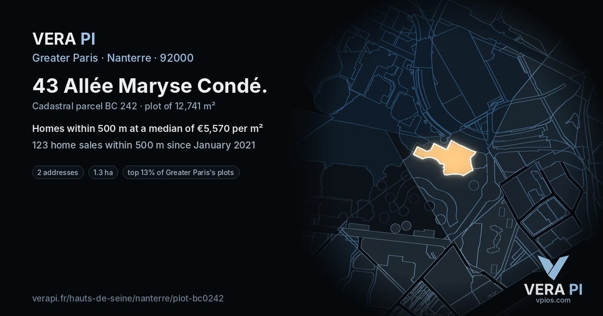 43 Allée Maryse Condé, Nanterre at night – the plot lit, the parcels around coloured by the prices near them