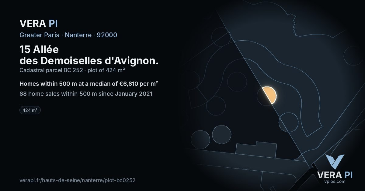 15 Allée des Demoiselles d'Avignon, Nanterre at night – the plot lit, the parcels around coloured by the prices near them