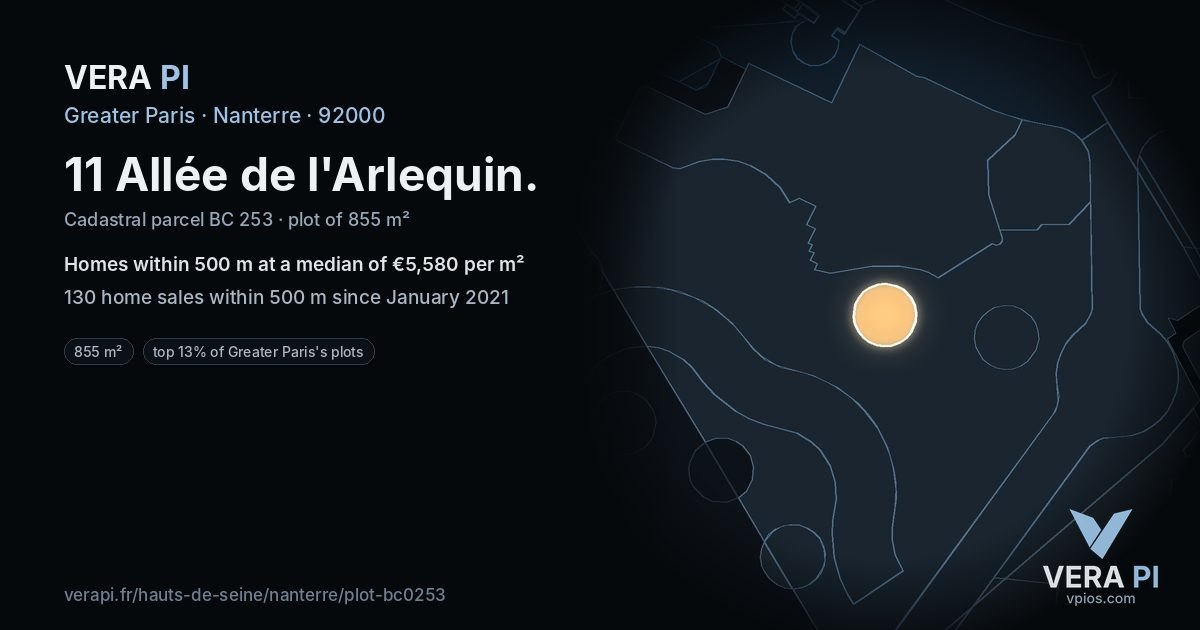 11 Allée de l'Arlequin, Nanterre at night – the plot lit, the parcels around coloured by the prices near them