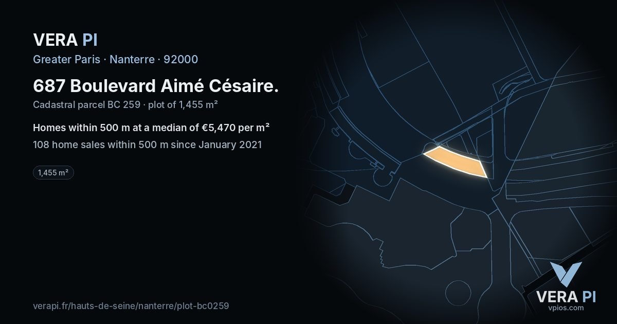 687 Boulevard Aimé Césaire, Nanterre at night – the plot lit, the parcels around coloured by the prices near them